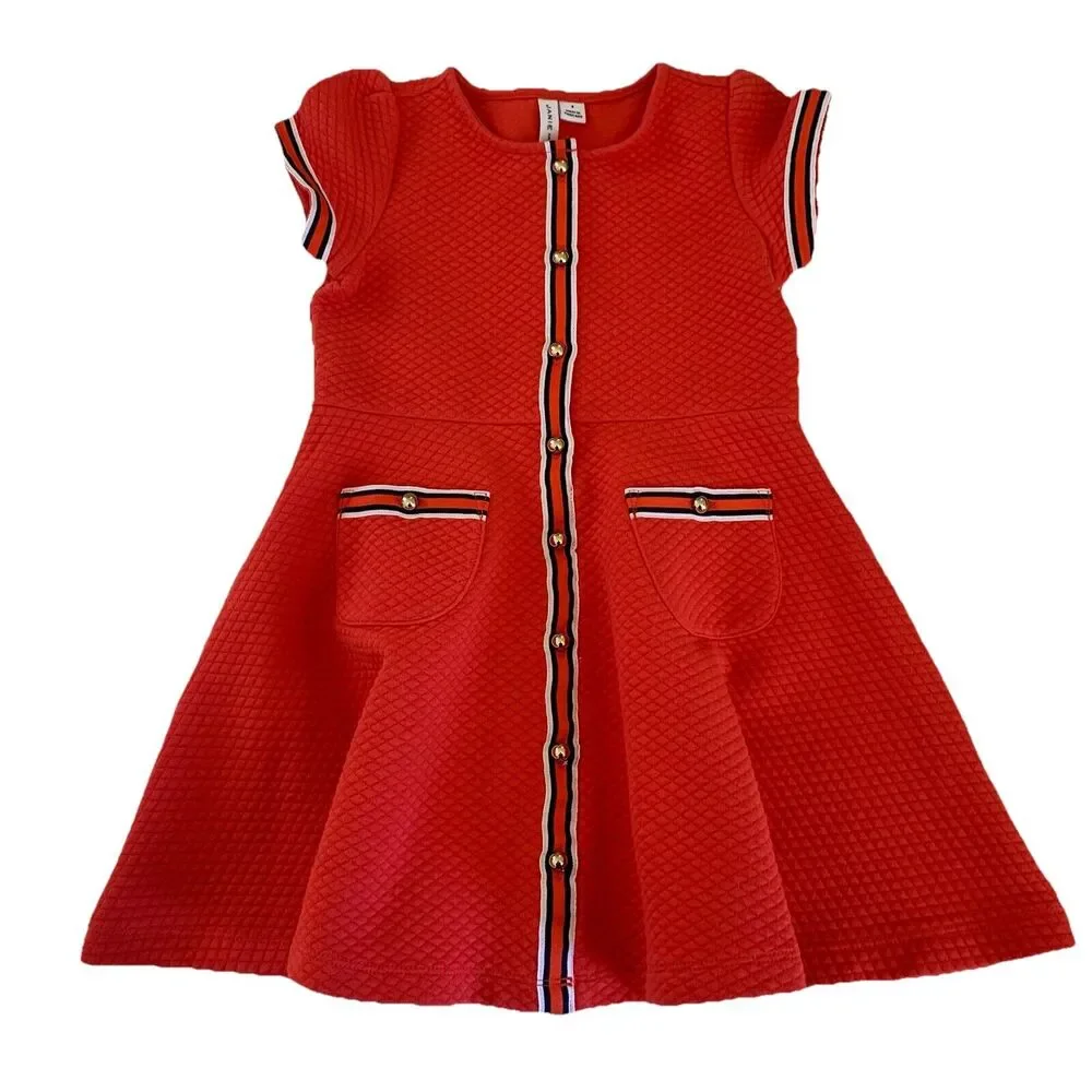 Janie and Jack Retro 60s Quilted Short Sleeve Dress Sz 4 Preppy Party Pockets